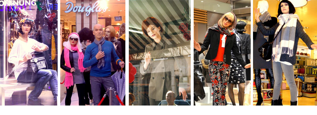 Modepräsentation im Schaufenster bei Karstadt, C&A und H&M